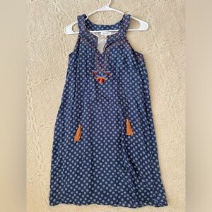 THML printed dress with embroidery neckline and tassel ties